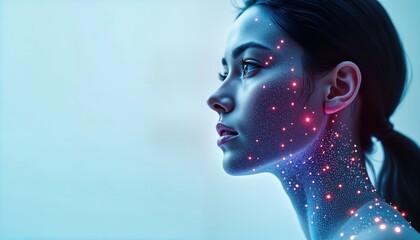Fototapete - AI face detection tech in action. Female profile shows face with glowing points visualizing data analysis. Advanced biometric tech for real time facial recognition. Modern security system