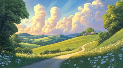 Poster - Serene Countryside Landscape With Rolling Hills And Farmhouse