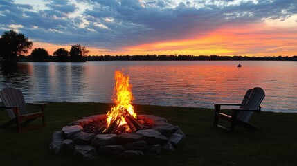 Poster - Lakeside Bonfire At Sunset With Adirondack Chairs