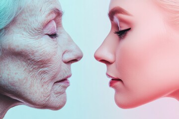 Aufkleber - Contrasting beauty of aging and youth displayed through two faces with distinct skin textures and features. Generative AI