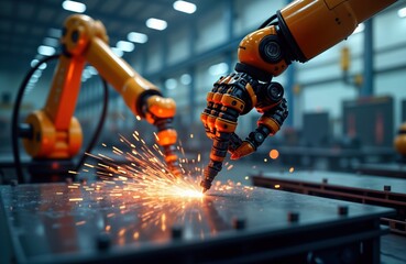 Fototapete - Orange, black robotic arms work in factory welding steel. Sparks fly from welding process. Automated production in modern facility. Futuristic tech. Advanced machinery. Metalwork. Industrial.