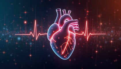 Leinwandbilder - Abstract digital heart graphic with glowing lines on dark background. Tech heart structure pulses with vibrant glowing lines. Futuristic illustration shows heart beat. Heart health concept