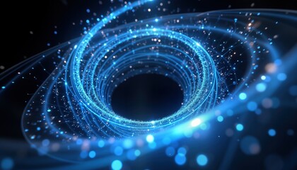 Leinwandbilder - Dynamic glowing blue fractal design twirls. Abstract background shows intricate patterns with light particles. Futuristic style. Image great for tech backgrounds, presentations, digital art projects.