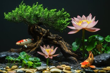 Poster - Serene Koi Pond Landscape With Lotus Flowers And Bonsai