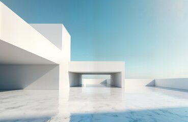 Aufkleber - Empty white minimalist architecture building exterior with wide open space. Modern design. Marble floor. Clear blue sky. Perfect for mockups. Stylish futuristic car park garage. Stylish, modern,