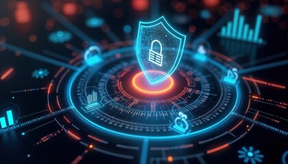 Fototapete - Futuristic tech interface shows glowing data protection. Holographic security elements like locks, shields display on dark background. Glowing icons represent network security. Dynamic data graphics,