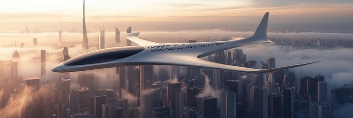 Aufkleber - Futuristic airplane soaring above a vibrant sci fi cityscape at dusk with soft clouds. Generative AI