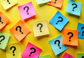colorful sticky notes with question marks on yellow background. bright notes for brainstorming, plan
