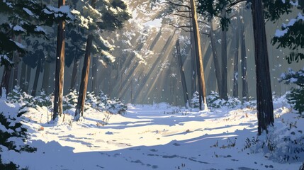 Canvas Print - Sunlit Winter Path Through Snowy Forest Trees