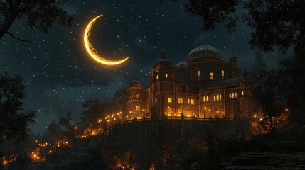 Canvas Print - Crescent moon over night temple, forest, celebration