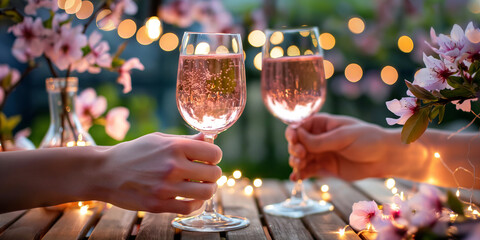 Wall Mural - Two glasses of pink wine on a table on cozy wooden terrace with blossoming trees and string lights in background. Charming evening in spring garden.