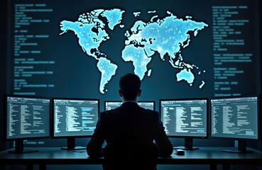 Poster - Man in dark room. Tech specialist works at multiple computer screens. Global map data displayed. Focus on tech security. Futuristic office environment with advanced tech. Monitoring global data