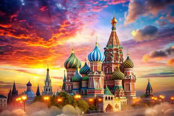 Wall Mural - Double Exposure: Moscow Cathedral & Vibrant Cityscape