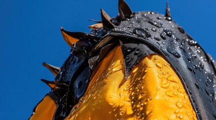 Canvas Print - Water droplets on a yellow and black spiked fabric