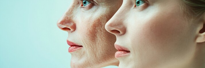 Poster - Comparison of youth and age showcasing contrast in features and skin quality side by side. Generative AI