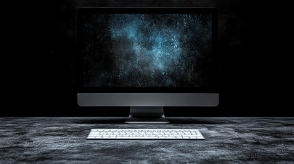 dark room, computer screen shows nebula, keyboard, website design