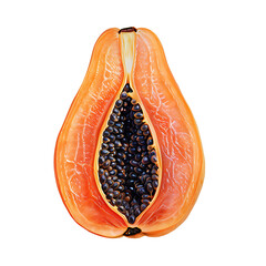 Wall Mural - A whole papaya with vibrant orange skin and black seeds inside, isolated on a white background.