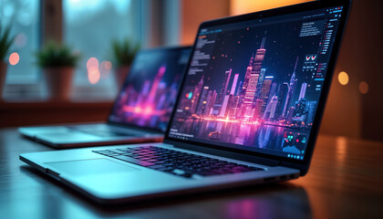 Poster - Two laptops open display vivid city at night. Modern tech for app development, ui design. Laptops feature responsive ui design, tech solutions. Coding software programming. Innovation in software