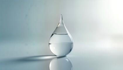 Poster - Clear water drop sits on white surface. Drop creates soft shadow. Pure liquid droplet. Simple design. Minimalist style. Abstract macro view. Focus on beauty, health. Represents nature element. Ideal