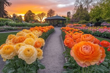 Sunset garden path, vibrant ranunculus blooms, gazebo backdrop, peaceful evening.