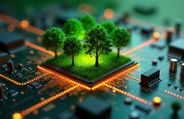 Fototapete - Eco tech concept. Small trees grow on chip inside circuit board. Sustainable tech future. Green energy future. Innovative eco tech. Modern eco design. Global eco solution. New tech. Future tech.