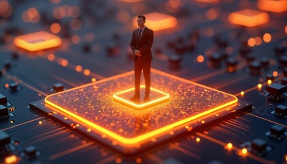 Businessman stands on glowing orange square blockchain tech. Futuristic digital tech concept. Advanced programming concept. Fintech innovation. Cryptocurrency, financial investment. Abstract