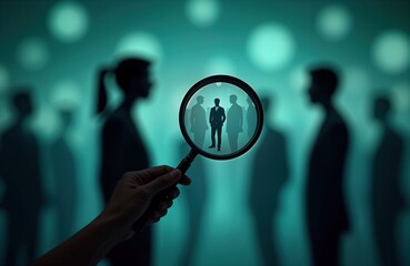 Aufkleber - Magnifying glass focuses on business person in crowd. Searching for talent. Hiring process. Human resources. Finding right employee. Business concept. Online recruitment. Modern tech. Searching for