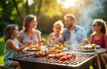 Happy family and friends enjoy summer picnic barbeque in garden. They are sitting around table eating delicious food cooked on grill. Day is sunny and warm. Everyone is smiling and having fun.