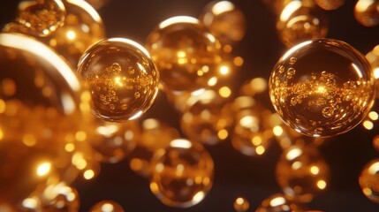 Wall Mural - Golden Spheres Floating in Amber Liquid Background