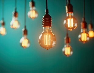 Aufkleber - Vintage lightbulbs glow against teal background. Warm light illuminates scene. Hanging bulbs create design element. Image evokes sense of warmth, inviting interior design. Perfect for home decor