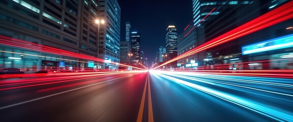 Poster - City street at night. Fast moving cars create bright red and blue light trails. Urban buildings line the road. Nightlife vibrant colors and motion blur reflect modern city speed.