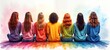 © miss irine - Diverse women sit together. International Women Day celebration. Rainbow colors background. Equality, empowerment theme. Multiracial women united. Group support. Strong women. Creative art piece.