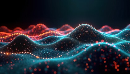 Poster - Futuristic abstract tech graphic. Neon dots, lines create data waves in cyberspace display. Dynamic graph represents data analysis, progress. Generative AI concept. Trendy tech business illustration