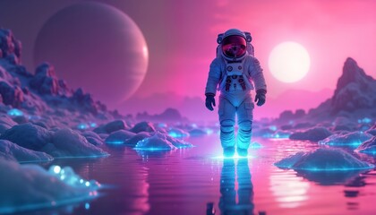 Wall Mural - astronaut walks across glowing organic alien liquid on distant planet. colorful luminescent liquid r