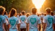 © miss irine - Large group people walk together in support of mental health. Participants wear matching t-shirts with teal heart symbols, words MENTAL HEALTH printed on. Public awareness activity for promoting