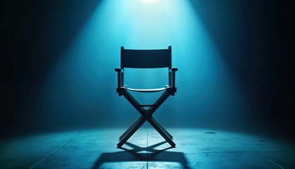 Poster - Empty room. Director chair centered in soft blue light. Mysterious, anticipatory scene. Something significant waiting. Potential for dramatic use. Spotlight highlights chair. Dark blue gradient