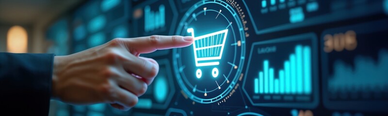 Hand interacts with futuristic digital chart. Shopping cart icon glows on screen. Blue tones, blurred background. High tech concept for modern e-commerce. User interacts with digital display to make