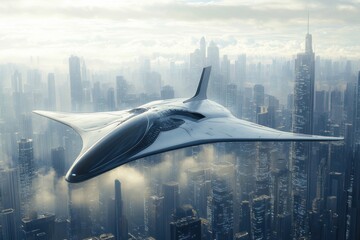 Aufkleber - Futuristic airplane gliding effortlessly over a vibrant sci fi city skyline during twilight. Generative AI