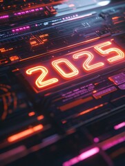 Wall Mural - Futuristic digital calendar showcasing the year 2025 with glowing neon elements in a high tech design environment. Generative AI