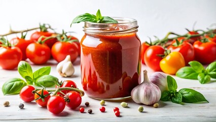 Wall Mural - Homemade Tomato Sauce in Glass Jar with Fresh Vegetables - Long Exposure Stock Photo