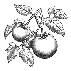 A modern black and white engraving-style illustration of a tomato branch with leaves, imitating scratch board techniques