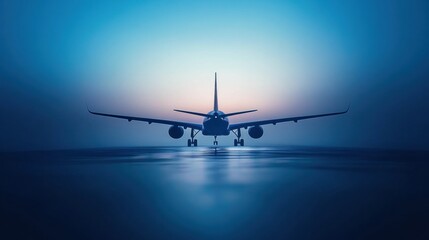 Leinwandbilder - Silhouette of an airplane at dawn against a misty backdrop with clean lines conveying a sense of tranquility and motion. Generative AI