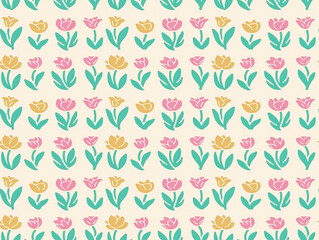 Wall Mural - Blooming Delight: A whimsical and cheerful pattern of pink and yellow tulips in a simple, hand-drawn style, ideal for creating playful and vibrant designs. 