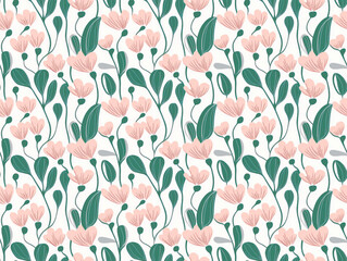 Wall Mural - Floral Delights:  A delicate and vibrant seamless pattern featuring soft pink blossoms and lush green foliage, offering a touch of elegance and natural beauty to any design.  