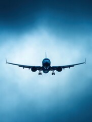 Leinwandbilder - Silhouette of a sleek airplane flying against a dramatic blue sky at twilight. Generative AI