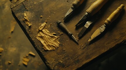 Wall Mural - Wood Carving Tools and Wood Shavings on a Table