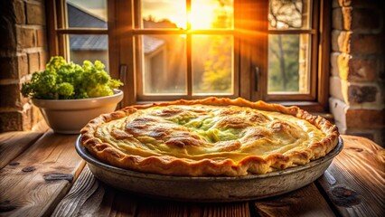 Wall Mural - Long Exposure Photography of a Rustic Cabbage Pie Cooling on a Windowsill