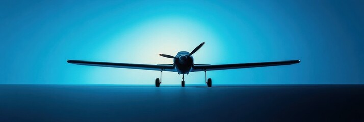 Leinwandbilder - Silhouette of a sleek airplane against a glowing blue background during twilight. Generative AI