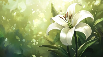 Poster - White Lily Flower In Sunlight Green Background