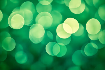 Wall Mural - Abstract green bokeh background with blurred glowing circles, symbolizing luck, prosperity, and festivity for Saint Patrick’s Day celebrations, Irish heritage, and holiday cheer.